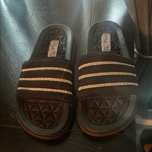 Black Slide Sandals with Rhinestone Stripes